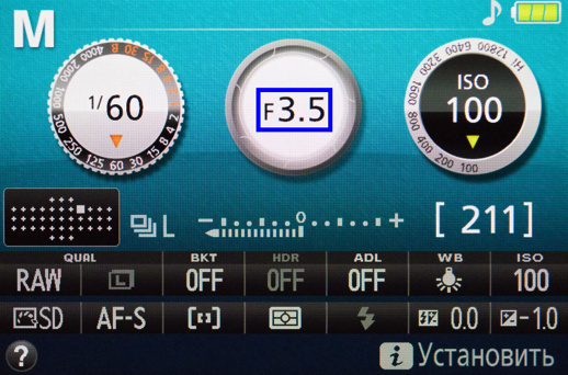 Значение диафрагмы отображается как в видоискателе, так и на экране фотокамеры (на рисунке представлен интерфейс Nikon D5300).
