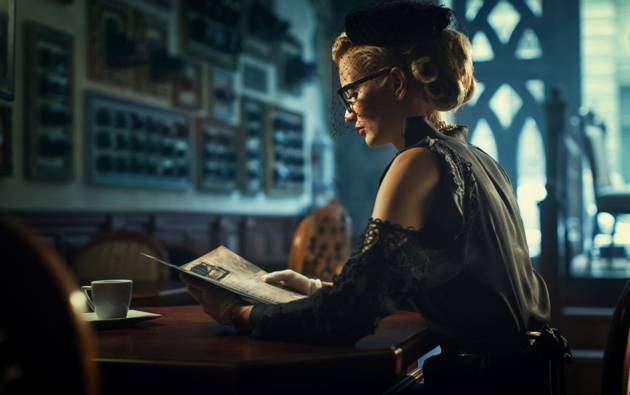 Beautiful retro blonde woman drinking coffee and reading newspaper in retro apartment © Ярослав Мончак