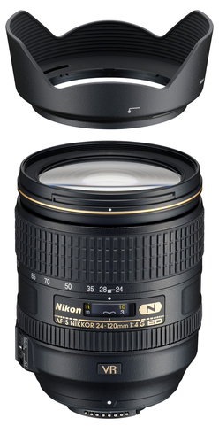 Объектив Nikon AF-S NIKKOR 24-120MM F/4G ED VR и его бленда.