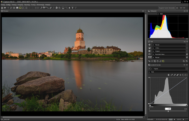 Окно программы Nikon Capture NX-D. Вверху — общая гистограмма, носящая справочный характер, внизу — инструмент Levels and Curves.