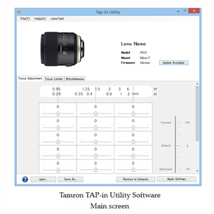 Пример окна компьютерного приложения Tamron TAP-in