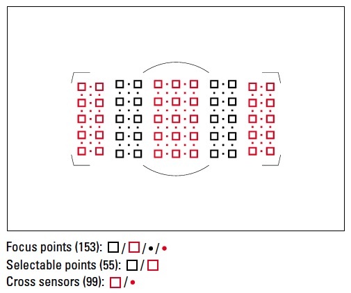 Точки фокусировки в видоискателе. 55 из них доступны к выбору фотографом, остальные задействованы в качестве вспомогательных. Таким образом одновременно удалось добиться высочайшей точности фокусировки и не затруднить фотографа долгим выбором нужной точки из 153 возможных вариантов.