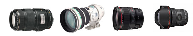 Слева направо:  EF75–300mm f/4–5.6 IS USM (1995 г), EF400mm f/4 DO IS USM (2001 г), EF24mm f/1.4L II USM (2008 г), EF11–24mm f/4L USM (2015 г).