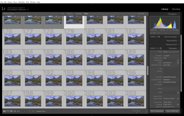 Серия снимков, открытая в Adobe Lightroom. 139 кадров с выдержкой 0,6 с и интервалом ½ с. Соответственно, выдержка итогового изображения составит 152 секунды. 