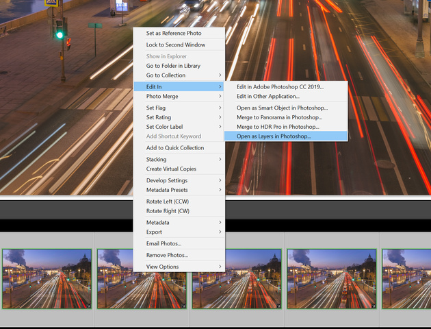 Adobe Lightroom. Выделим кадры нашей серии, в контекстном меню выберем Edit In - Open as Layers in Photoshop.