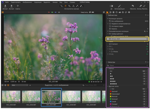 Жёлтым отмечена коллекция фотографий: мы можем создавать свои коллекции и добавлять в них фотографии по своему желанию. Так получится быстро находить фото по интересующей теме. Каждому кадру можно присвоить рейтинг и цветовую метку (показано голубым). Есть возможность рассортировать фотографии, отделив удачные снимки от менее удачных. Чтобы показать фотографии только с определёнными оценками или метками, воспользуйтесь специальным окном — показано сиреневым.