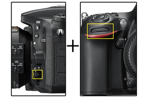 На зеркалках продвинутого уровня режимы зоны фокусировки регулируются так: удерживая кнопку, отмеченную жёлтой рамкой, крутим отмеченное рамкой колёсико фотокамеры. На верхнем и основном экранах камеры отобразятся вносимые настройки.