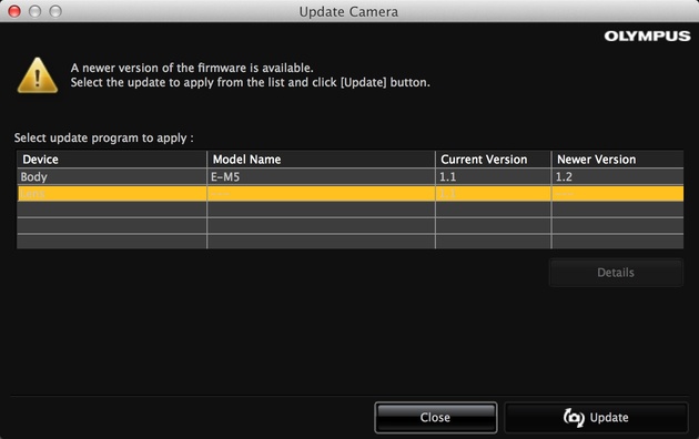 Интерфейс Olympus Digital Camera Updater, с помощью которой производитель позволяет обновить программное обеспечение вашей камеры