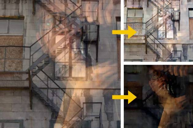 Исходный снимок с отражениями (слева), снимок с уменьшенными отражениями (справа сверху) и выделенные отражения (справа внизу).