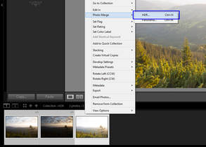 Для склейки HDR в Adobe Lightroom достаточно выделить серию кадров, снятую с брекетингом, и выбрать соответствующий пункт в контекстном меню. 