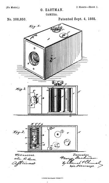 Первая страница патента № 388,850, поданного Истманом 4 сентября 1888 года. В нём описывался принцип работы новой камеры, заряженной роликом плёнки.