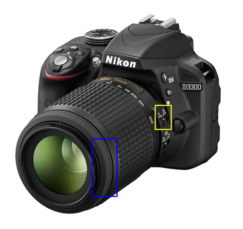На  моделях начального уровня (например, Nikon D3300 и Nikon D5500) необходимо перевести переключатель A/M в положение М (Manual). 

Теперь автофокус отключён. Фокусировка будет производиться путём вращения кольца фокусировки на объективе (выделено синим). 