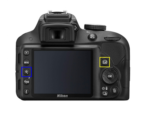 Камера Nikon D3300. В жёлтой рамке — кнопка включения режима Live View, в синей — кнопка увеличения изображения. 