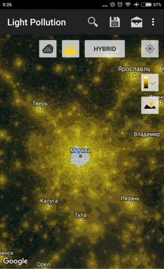 Light Pollution Map — Dark Sky: световое загрязнение в Подмосковье
