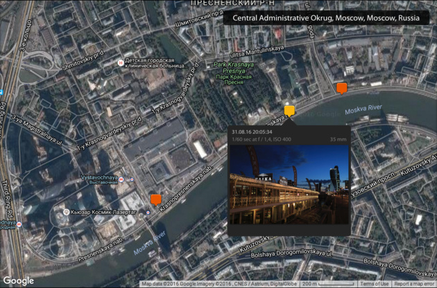 Скриншот из Adobe Lightroom с привязанными к карте снимками