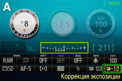 Экран фотоаппарата Nikon D5500. Шкала экспонометра (выделена жёлтым) показывает внесённую экспокоррекцию в графическом виде. Также экспокоррекция отображается в числовом виде (выделено зелёным).