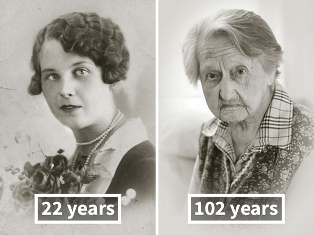 Анна Васинова, 22 года (после свадьбы) и 102 года