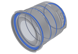 Схема резиновых уплотнителей, защищающих внутренние детали Tamron 10-24mm f/3.5-4.5 Di II VC HLD от пыли и влаги.