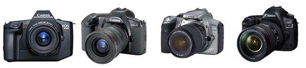 Слева направо: EOS 650 (1987 г), EOS 1 (1989 г), EOS 300D (2003 г), EOS 5D Mark IV (2016 г)