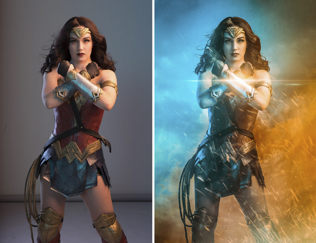 Косплей Удивительной Женщины – до и после обработки