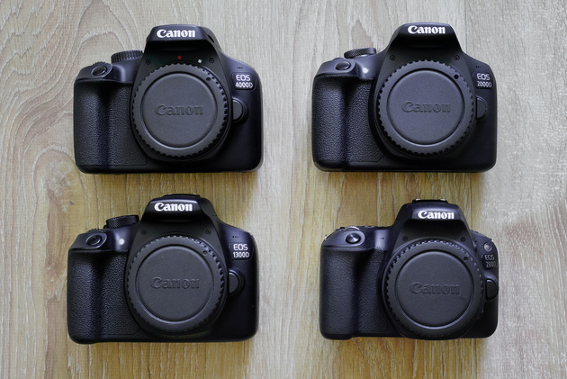Слева направо, сверху вниз: Canon EOS 4000D, EOS 2000D, EOS 1300D, EOS 200D
