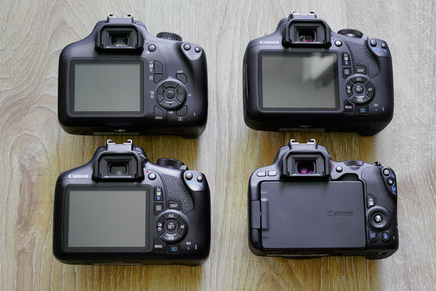 Слева направо, сверху вниз: Canon EOS 4000D, EOS 1300D, EOS 2000D, EOS 200D