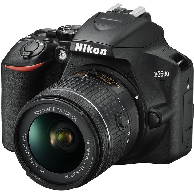 Nikon D3500 с объективом Nikon AF-P DX 18-55mm f/3.5-5.6 G VR — фотокамера начального уровня с простым, но достаточно качественным объективом.