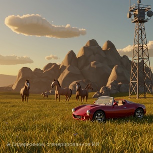 Стиль — 3D-мультфильм. Промт — «Добавить на передний план красный спортивный автомобиль»