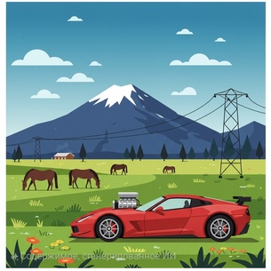 Стиль — рисунок. Промт — «Добавить на передний план красный спортивный автомобиль».