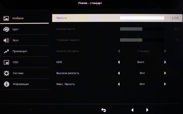 Структура меню монитора. Навигация осуществляется расположенными на нижней грани корпуса кнопками